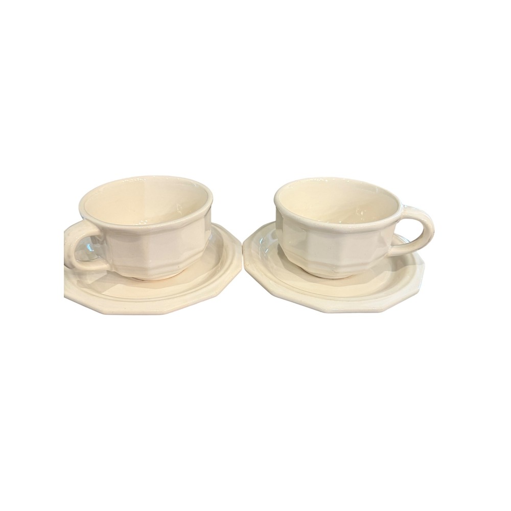 Pfaltzgraff Heritage Cream White Octagonal Stoneware Tea Cup Saucer Set of 2
